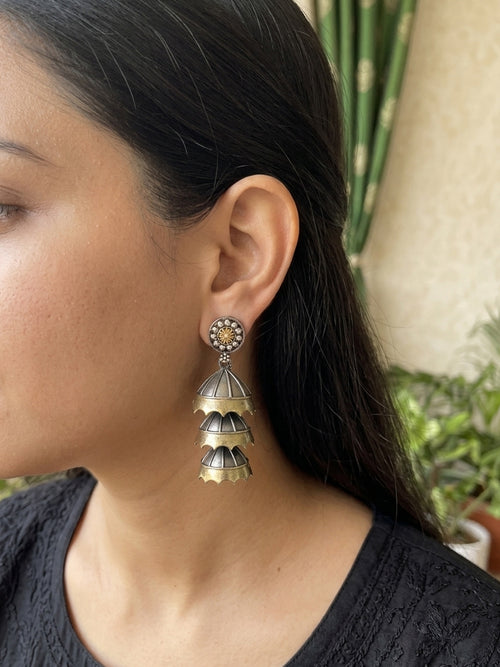SABAH - German Silver Triple Jhumka Dual Tone