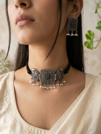 SADHANA- German Silver Chocker With Earrings Black