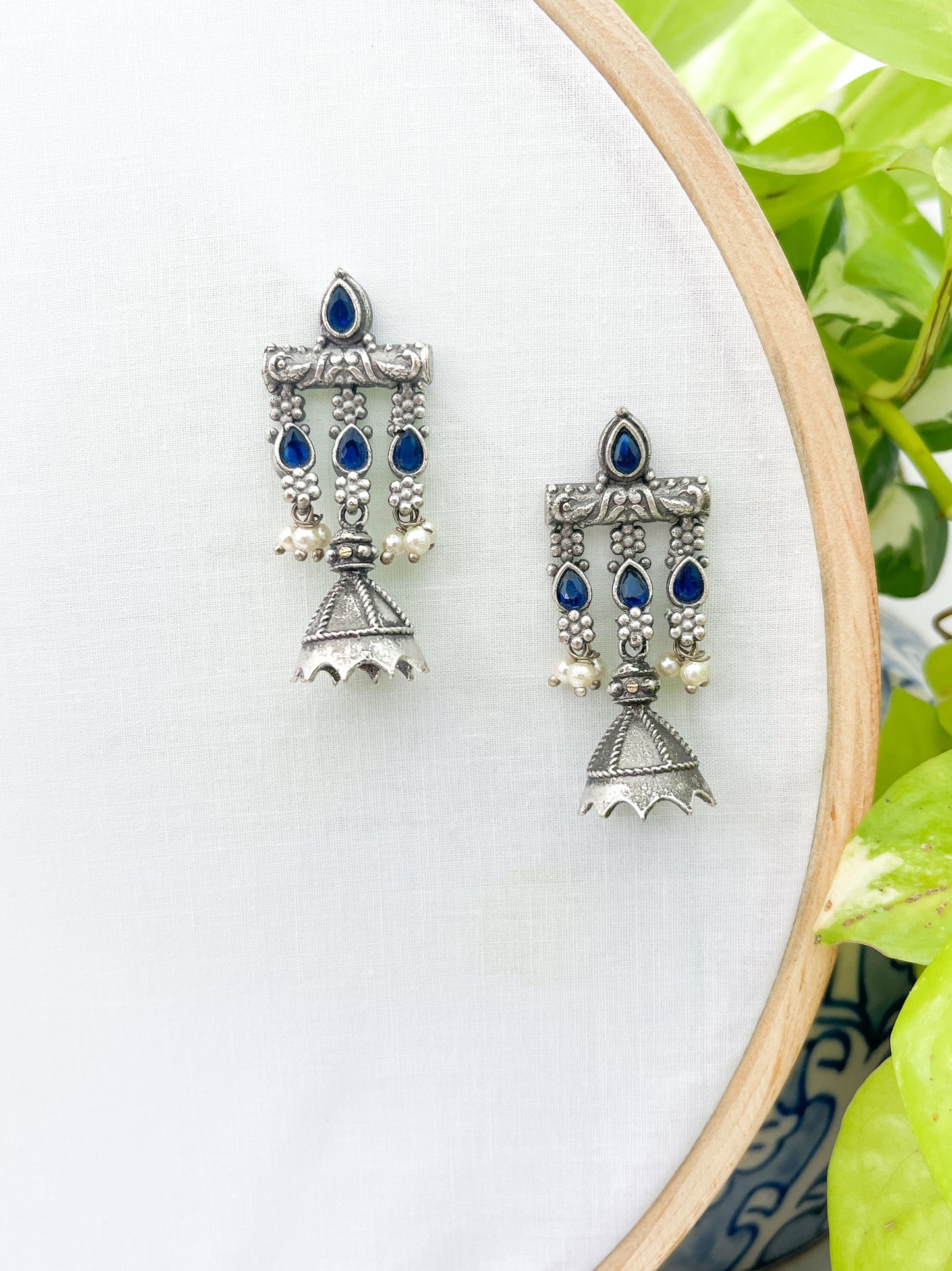 BALAMANI-Blue Stone Finish Floral Motifs German Oxidized Earring