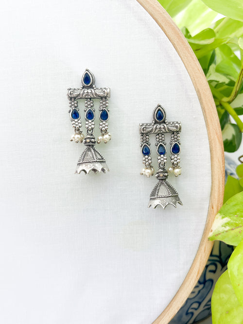 BALAMANI-Blue Stone Finish Floral Motifs German Oxidized Earring