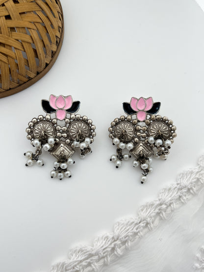 Meenakshi - Navy Blue And Pink Enamel Lotus Silver Tone Boho Earrings