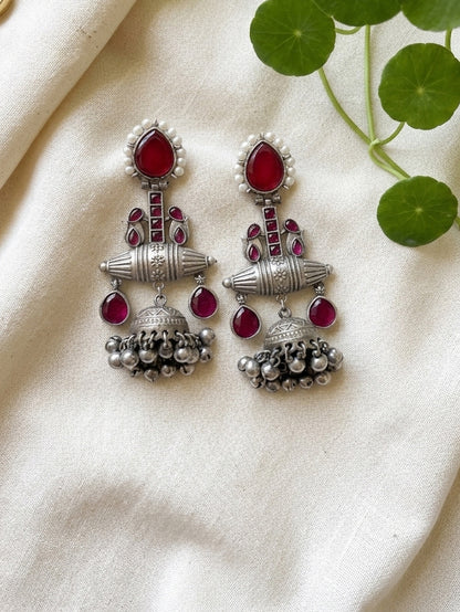 SARASWI - Detailed German Silver Jhumka Ruby