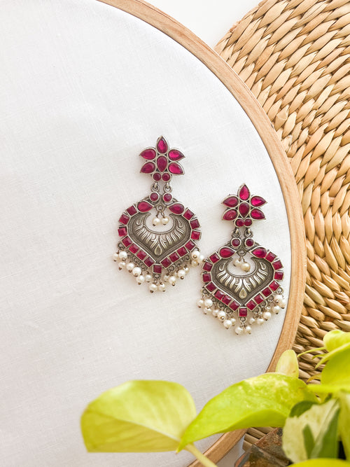 SHREENIDHI - Magenta German Silver Studded Danglers
