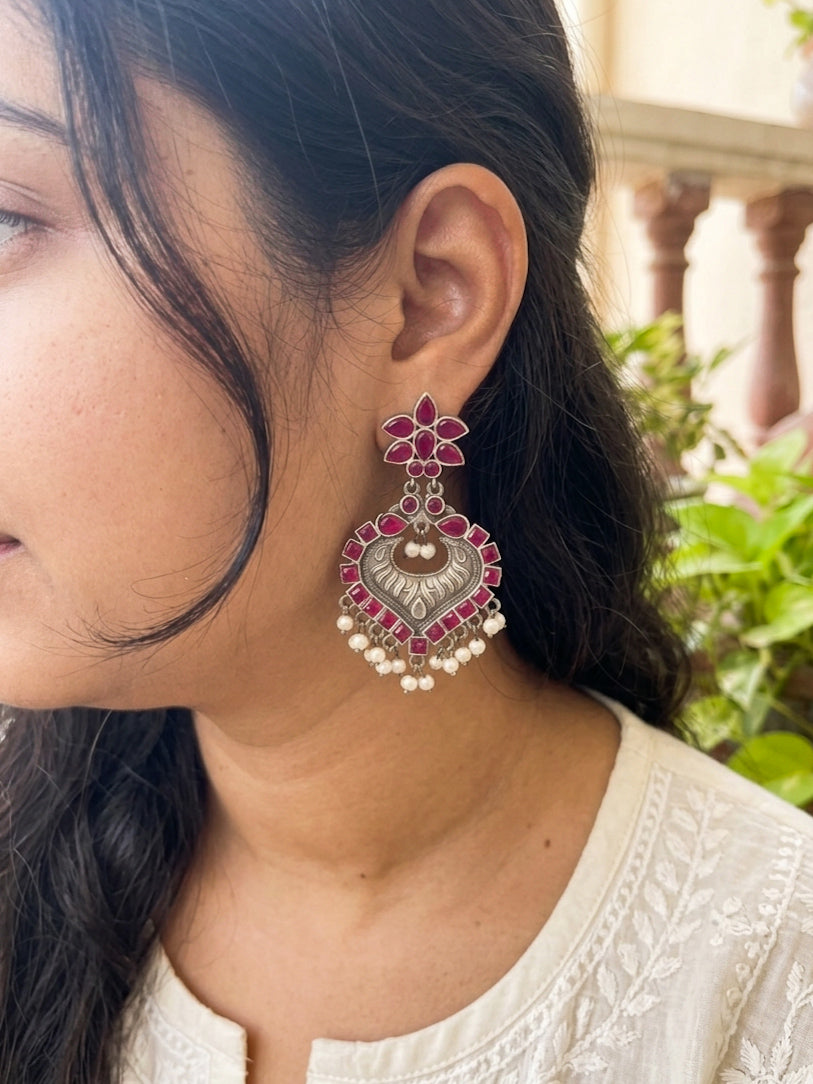 SHREENIDHI - Magenta German Silver Studded Danglers