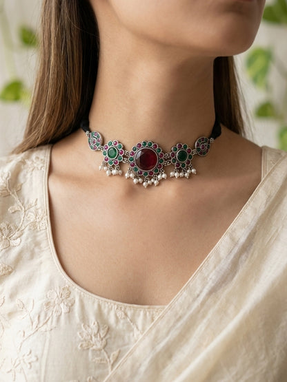 SHUBHA - German Silver Chocker With Earrings Green Red