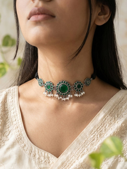 SHUBHA- German Silver Chocker With Earrings Green