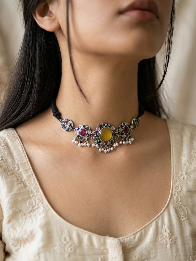 SHUBHA - German Silver Chocker With Earrings Multi