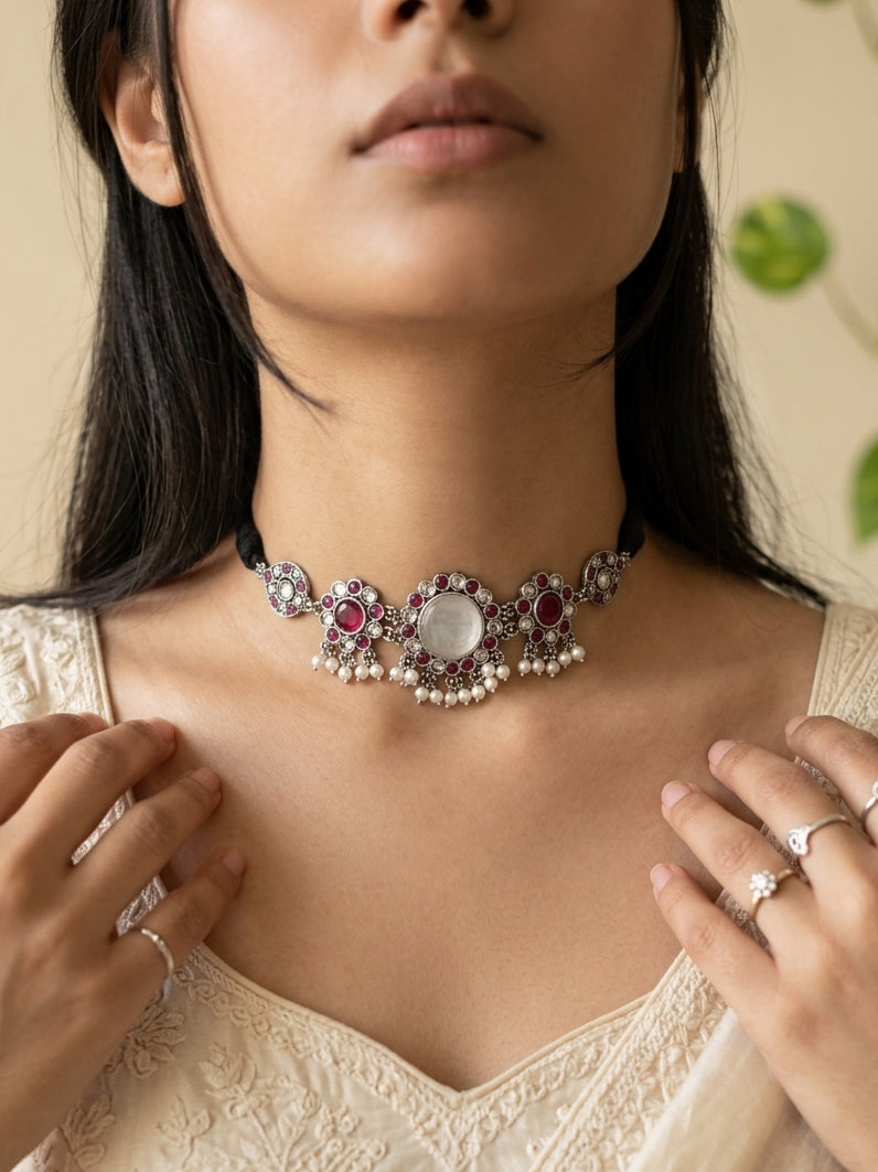SHUBHA- German Silver Chocker With Earrings White Red