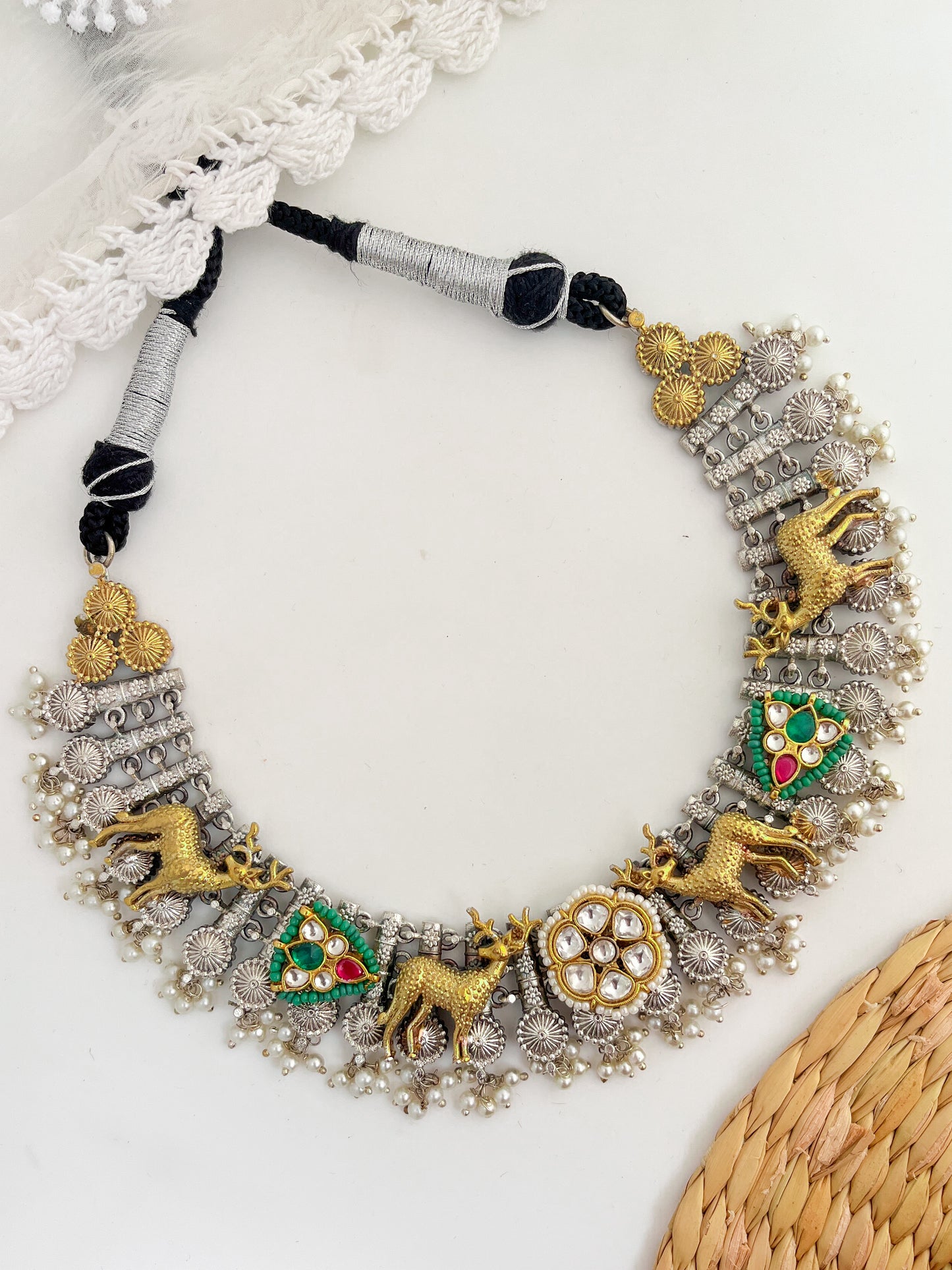 SITA- Dual Tone German Silver Necklace With Kundan Work