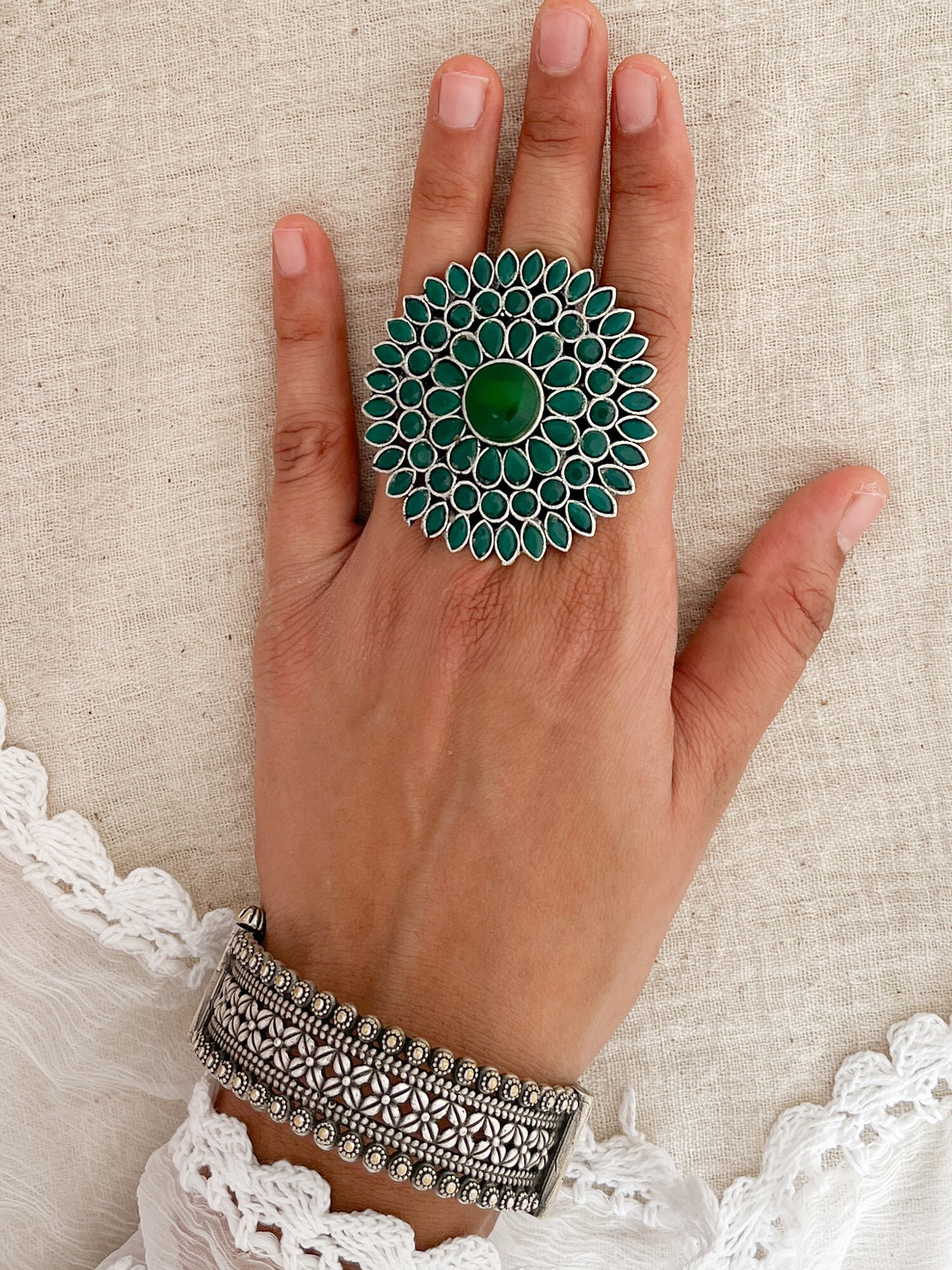 Surya Phool Green Stone Silver Oxidised Ring