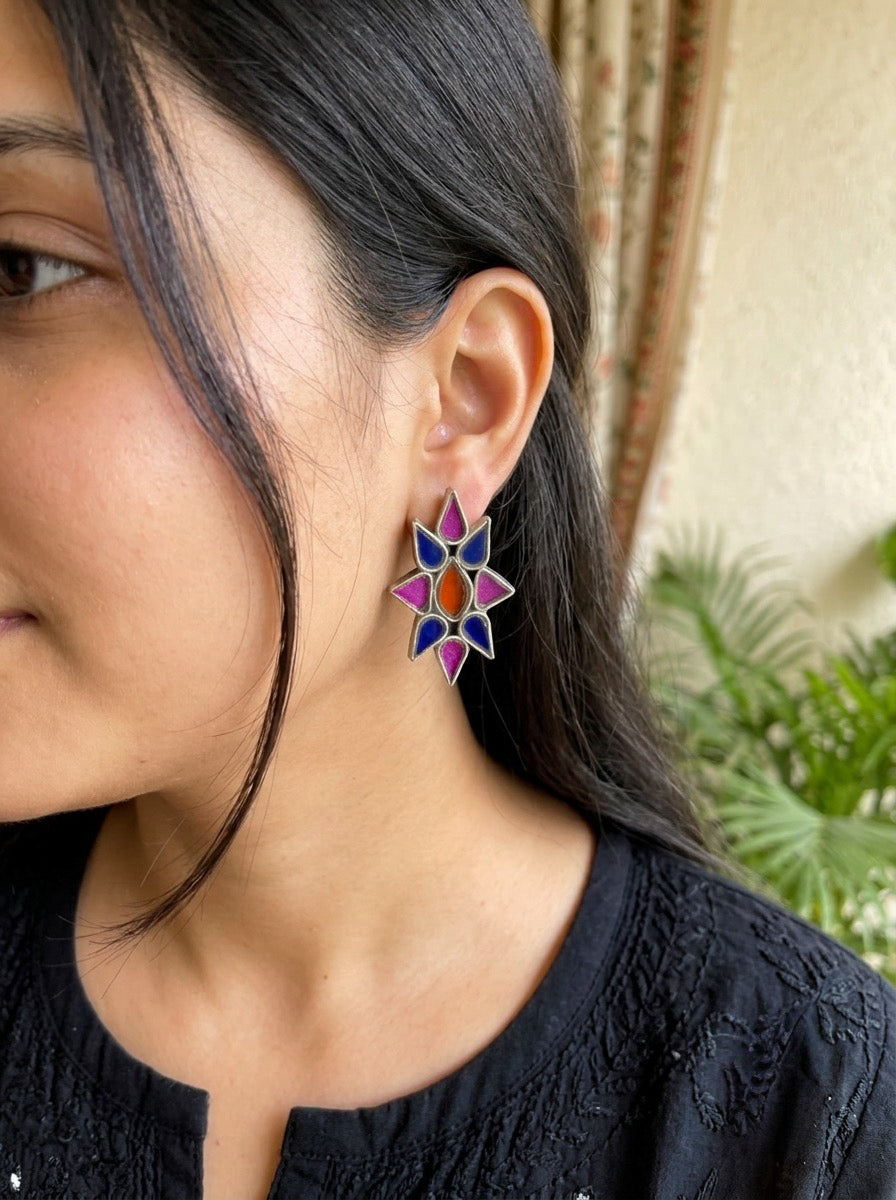 TARA- Afghani Glass Stud Blue Pink