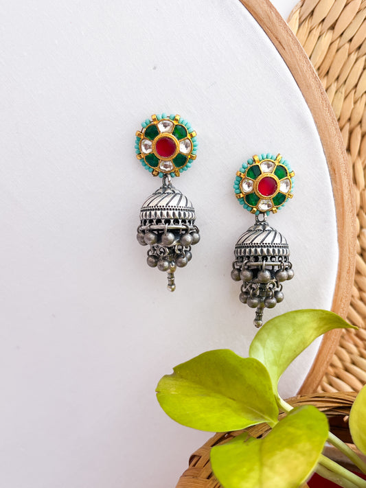 TARA - German Silver Cluster Jhumka With Paachi Kundan Work Green