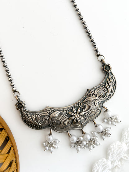 Tara - Silver Oxidised Long Neckpiece