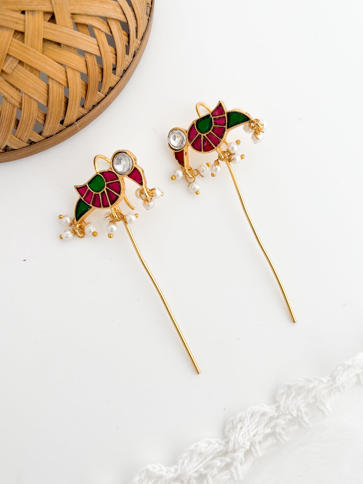 Tarabai - Pink And  Green Gold Finish Pin Earcuff