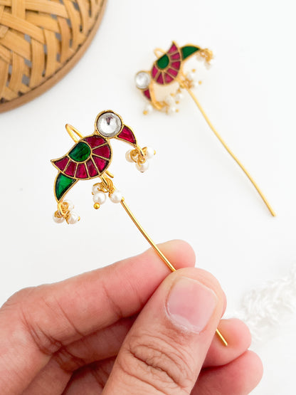 Tarabai - Pink And  Green Gold Finish Pin Earcuff