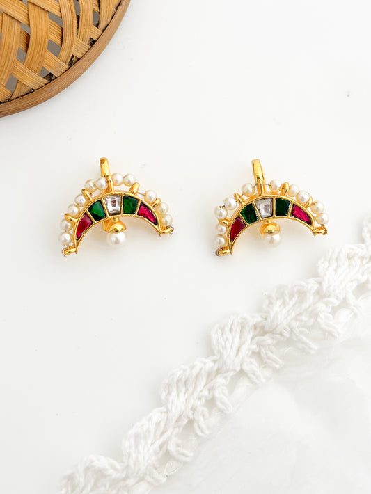 Tarabai - Pink Green Transparent Chandra Gold Finish Bugadi