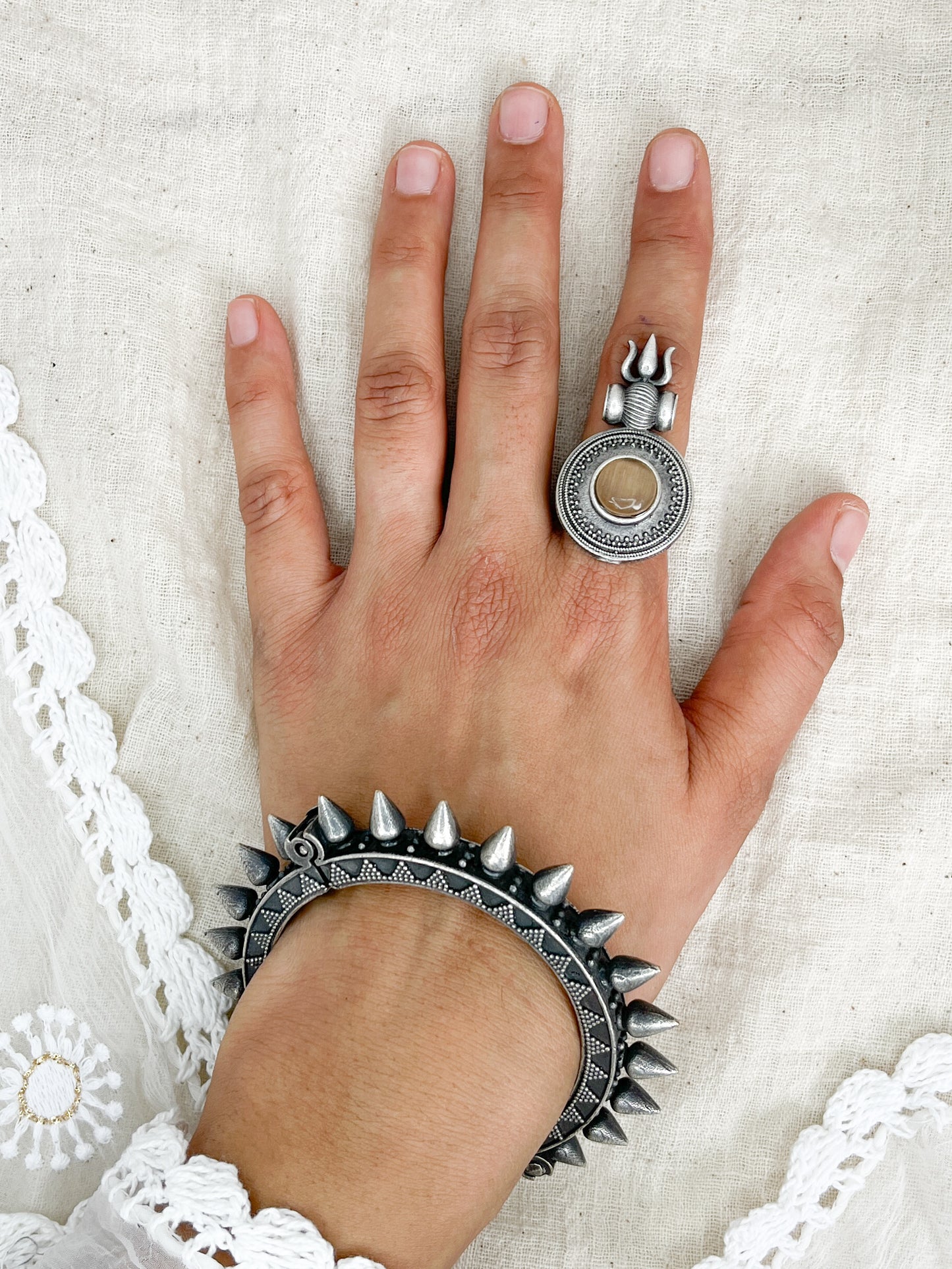 Trishul White Stone Oxidised Silver Ring
