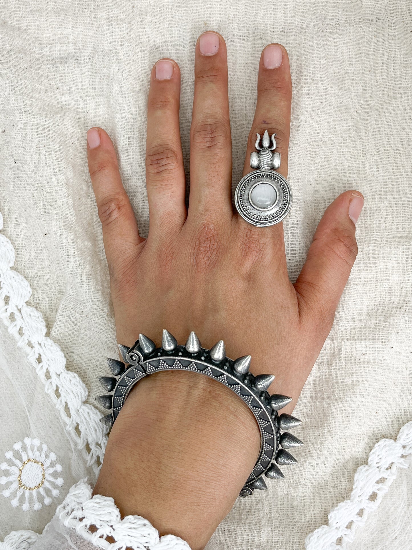 Trishul White Stone Oxidised Silver Ring