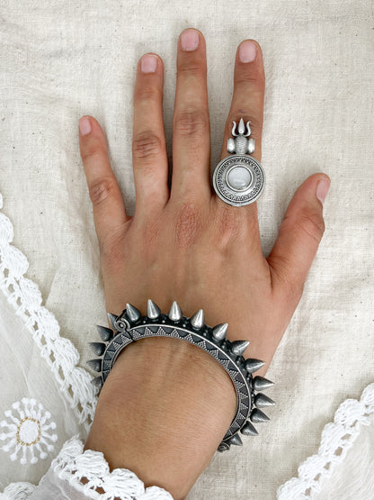 Trishul White Stone Oxidised Silver Ring