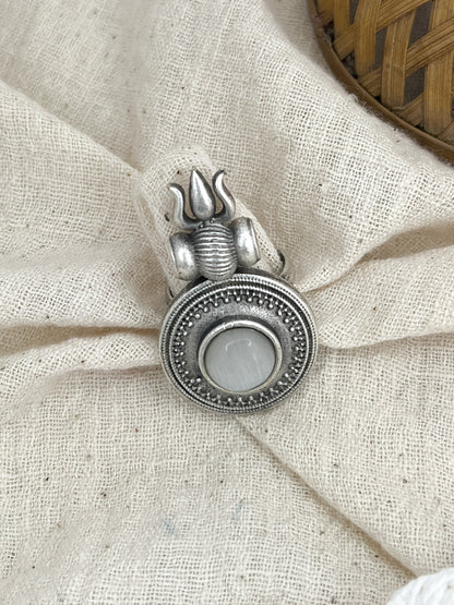 Trishul White Stone Oxidised Silver Ring