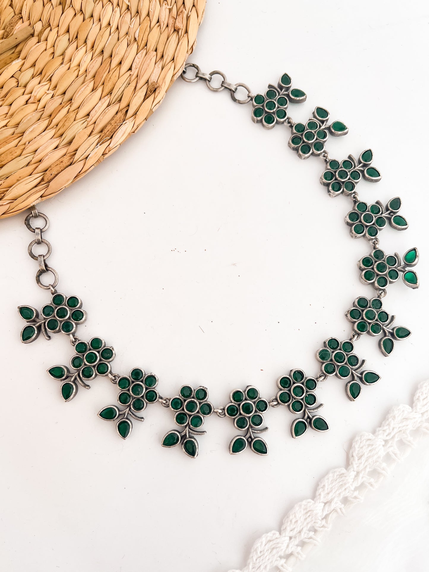URJHA- Green Stone German Silver Necklace Set