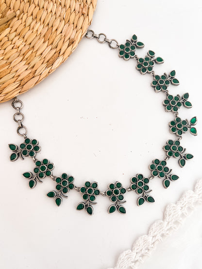 URJHA- Green Stone German Silver Necklace Set