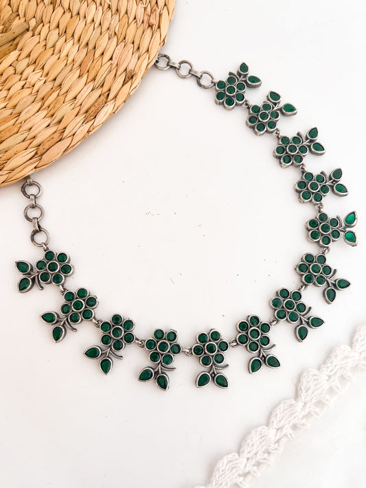 URJHA- Green Stone German Silver Necklace Set