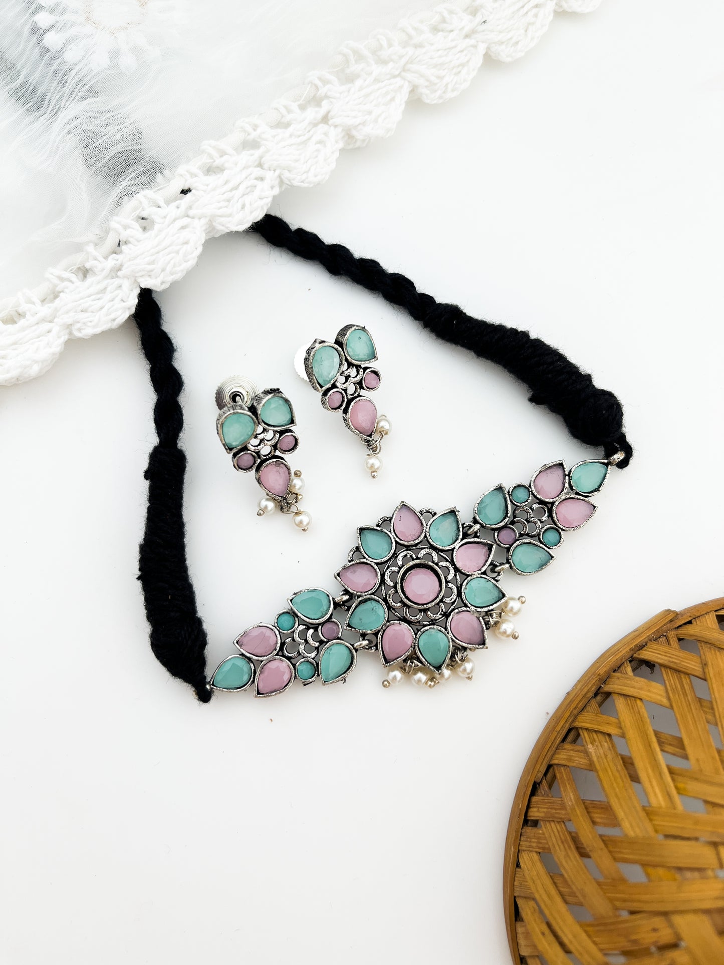 VANIE-Silver With Blue With Pink Stone Choker Necklace Set