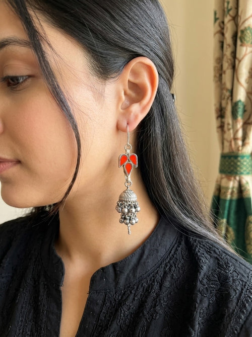 VEENA - Afghani Glass Jhumka Red Orange