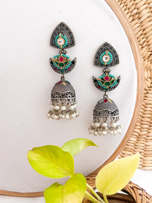 VEERA - German Silver Long Jhumka With Paachi Kundan Work