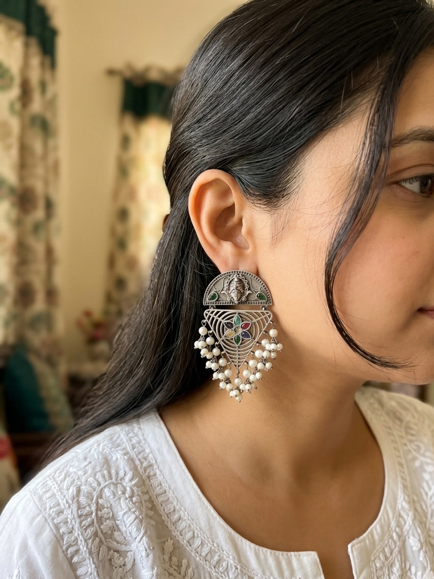 Tribhuvan - Silver Oxidised Tribal Danglers