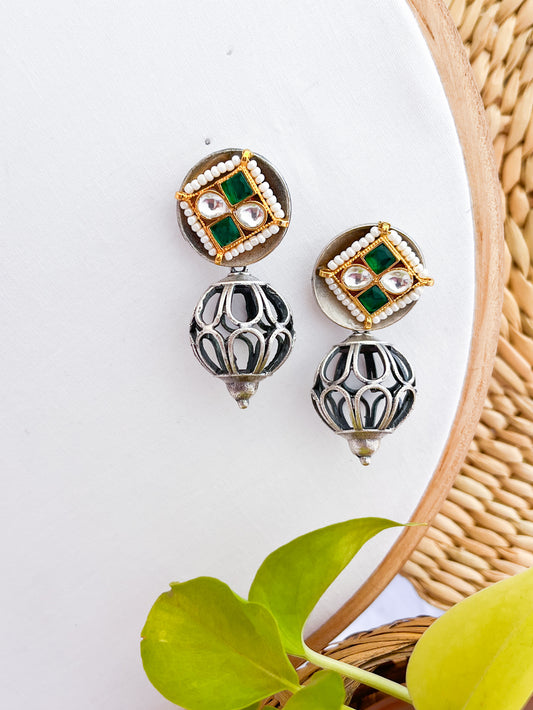 YESHVI - German Silver Sperical Dangler With Paachi Kundan Studs Green