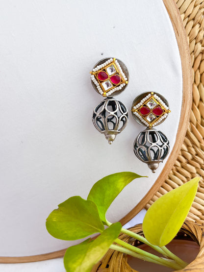 Yeshvi - German Silver Sperical Dangler With Paachi Kundan Studs Pink